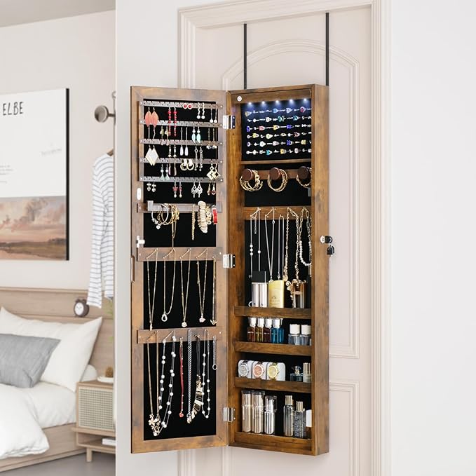 Full Length Mirror Jewelry Cabinet Organizer Lockable Door Wall-Mounted Jewelry Armoire with Shelves and Behind the Door Storage Rustic Brown