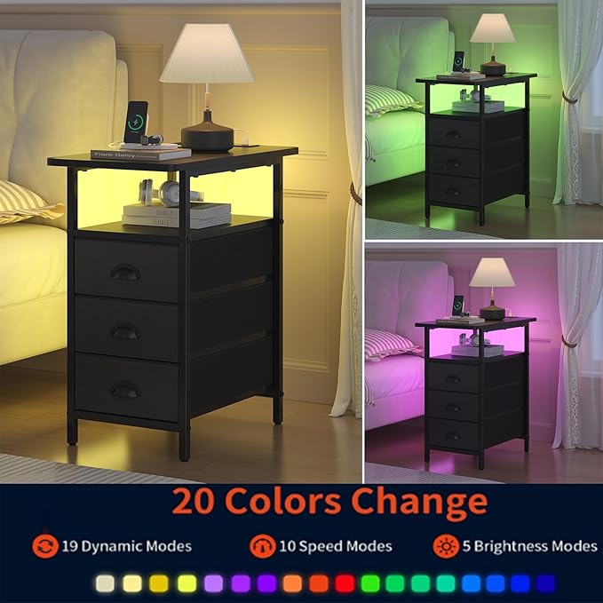 sthmec End Table with Charging Station,LED Side Tables with USB Ports and Outlets,Narrow Nightstands Bedside Tables with 3 Drawers PU Finish for Small Space,Slim Sofa Table for Livingroom,Black