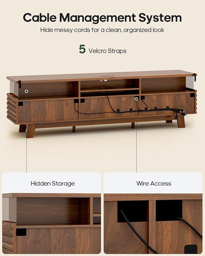 HAUOMS 70.9”TV Stand for Living Room with Cable Management, Hidden Power Station, LED Lights, Media Console up to 80", Entertainment Center, Fluted Modern TV Cabinet with Storage, Anti-Tip, Walnut