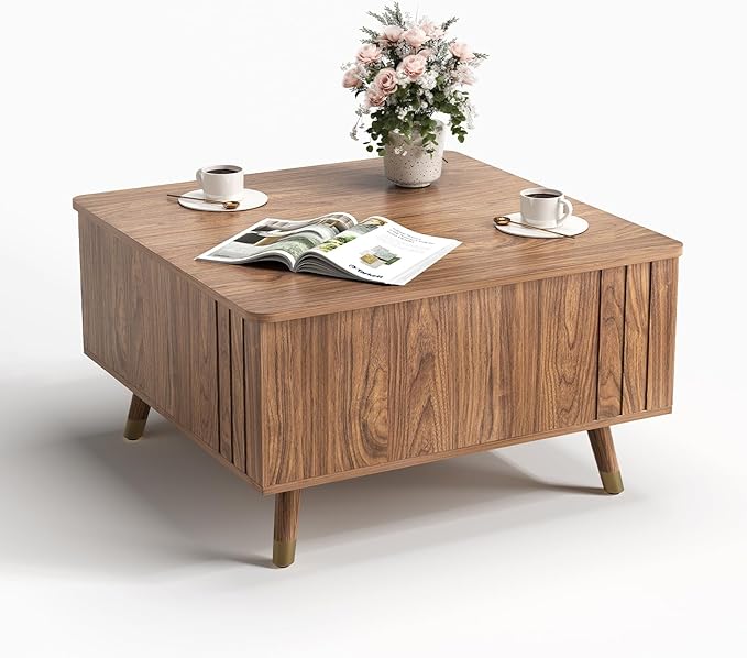 JOINICE 32" Square Lift Top Coffee Table with Storage,Mid Century Modern Walnut Center Table with Rising Desktop for Living Room, Brown Wood Finish