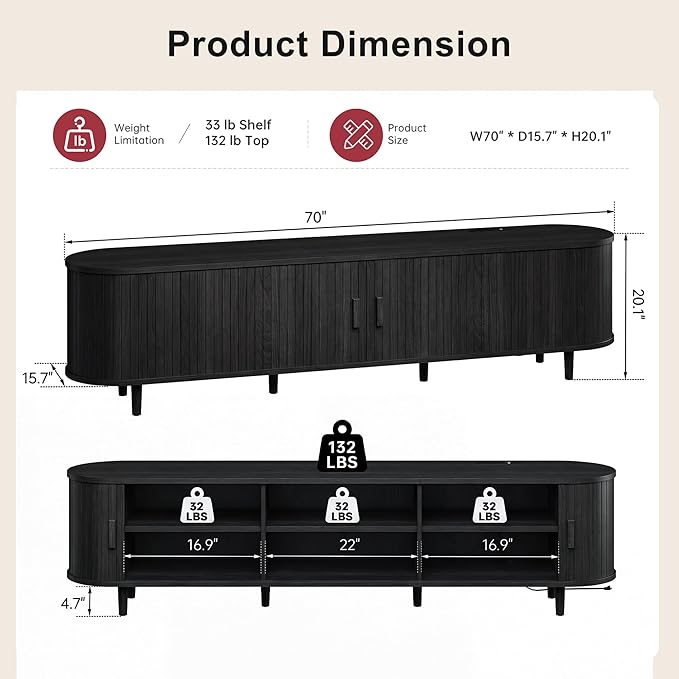 70" Mid Century Modern TV Stand, Wood TV Consoles with Sliding Doors and Power Outlet, Fluted Entertainment Center with Adjustable Shelves, Media Console for Living Room, Black