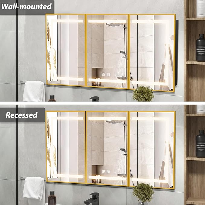 APRILSOUL 48x32 Inch Lighted Bathroom Medicine Cabinet with Mirror, Gold Recessed or Surface Mount Medicine Cabinet Mirror with Storage and LED Lights, 3 Colors Temperature, Dimmable Light