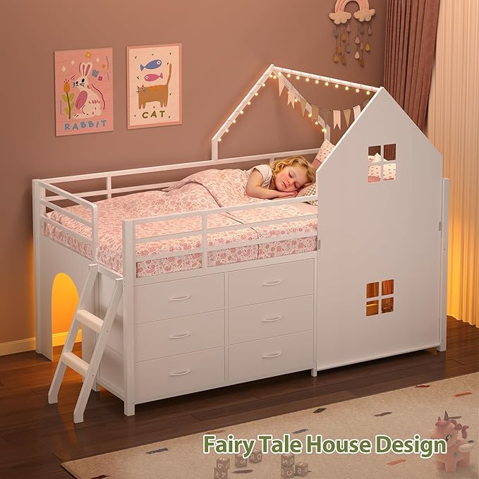 UPOSOJA Twin - Low Loft Bed with Kids Clothing Rack, Kids Loft Bed, Loft Bed with Tent, Toy Storage Box, Safety Guardrail, LED Light, Under-Hide and Seek Bed Play Space (White)
