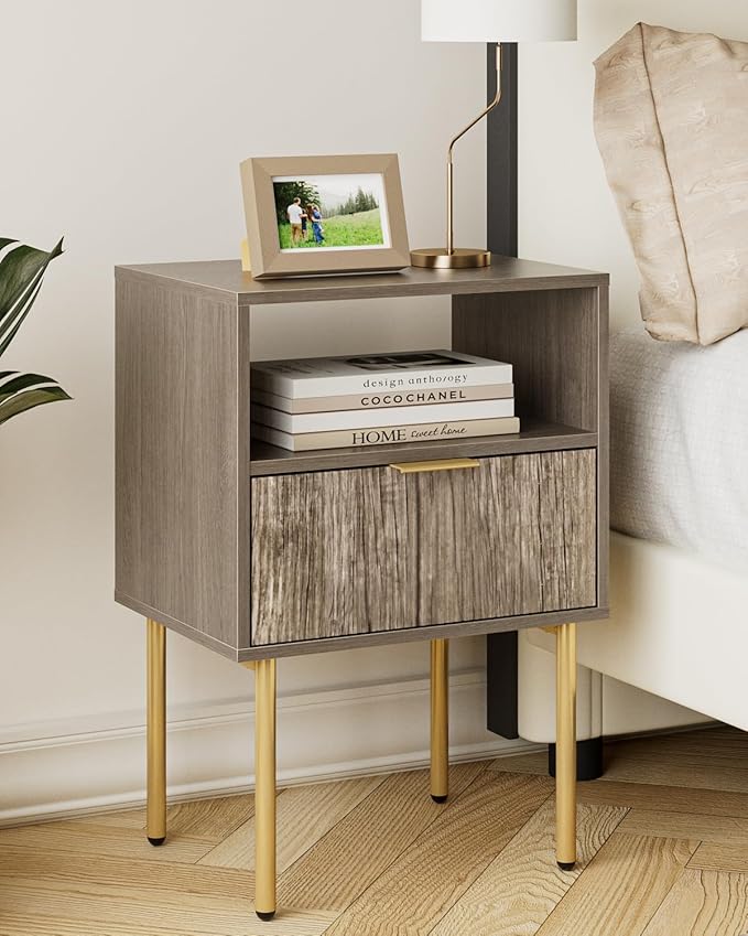 Aienvey Night Stand, Modern Nightstand with Drawers, Bedside Table, Gold Small Side Table for Bedroom, Living Room End Table (Grey Stripe, 1 Drawer)