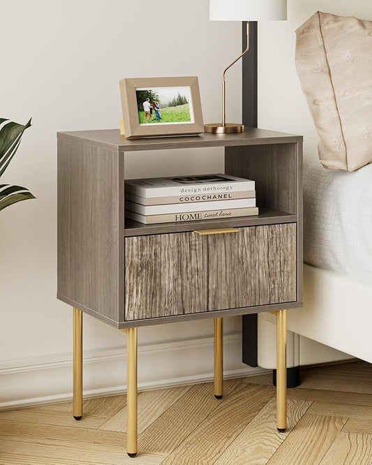 Aienvey Night Stand, Modern Nightstand with Drawers, Bedside Table, Gold Small Side Table for Bedroom, Living Room End Table (Grey Stripe, 1 Drawer)