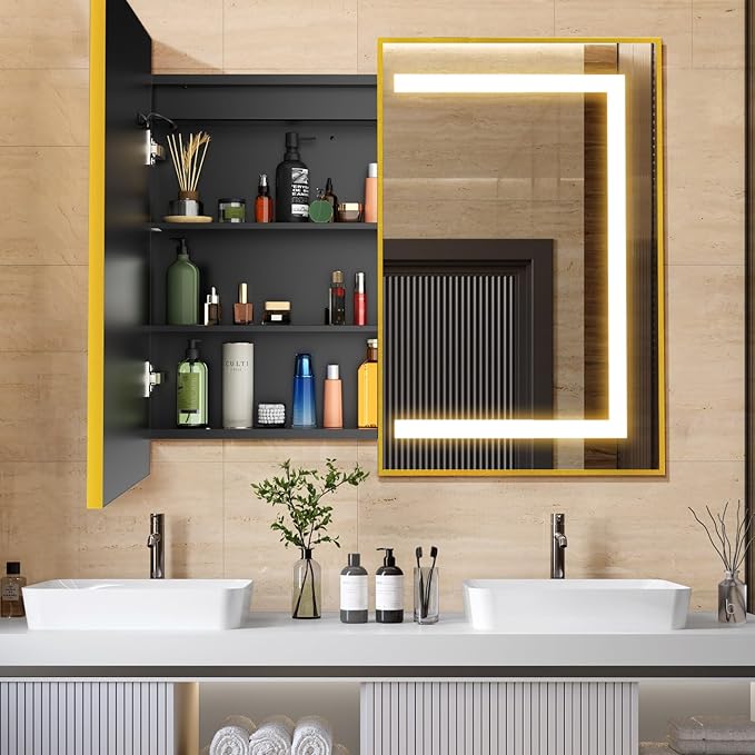APRILSOUL 40x32 Inch Lighted Bathroom Medicine Cabinet with Mirror, Gold Recessed or Surface Mount Medicine Cabinet Mirror with Storage and LED Lights, 3 Colors Temperature, Dimmable Light