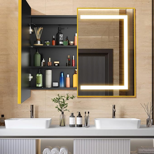 APRILSOUL 40x32 Inch Lighted Bathroom Medicine Cabinet with Mirror, Gold Recessed or Surface Mount Medicine Cabinet Mirror with Storage and LED Lights, 3 Colors Temperature, Dimmable Light
