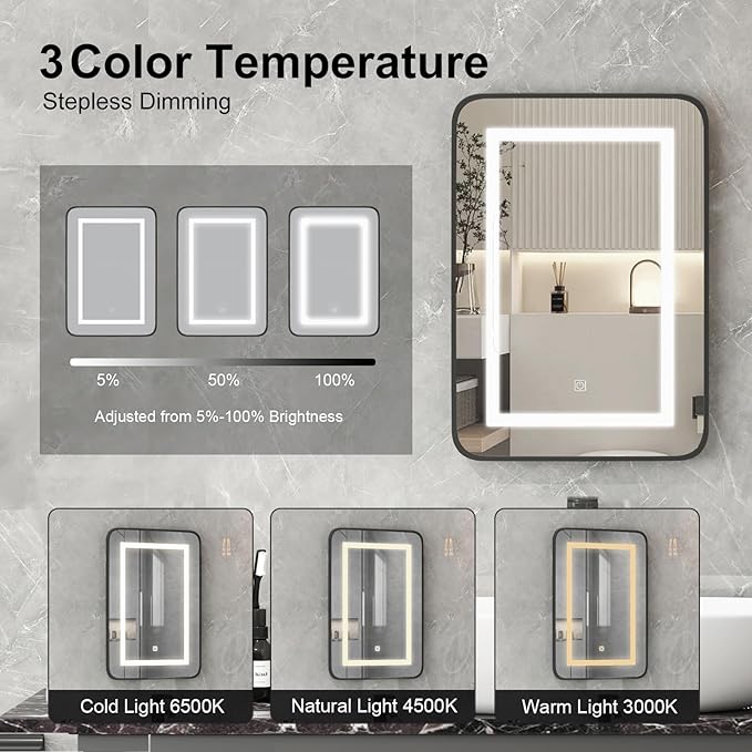 Black Medicine Cabinet with Lights,Recessed Medicine Cabinets for Bathroom Medicine Cabinets with Mirror,3-Color Lighted Medicine Cabinet with Metal Edge,Wall Mounted Mirrored Cabinets 20x30