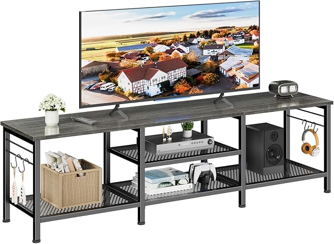 Furologee TV Stand for TVs up to 70 Inch, 63 Inch Entertainment Center with Open Storage Shelves, Television Stands with Soundbar Shelf for Living Room, Bedroom, Black Oak