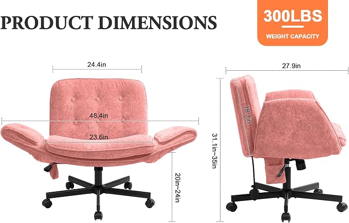 Criss Cross Chair with Lumbar Airbag & Folding Arms Relieve Back Pain, Wide Cross Legged Office Chair for Home Office, Comfy Swivel Desk Chair with Wheels, 5 Level Adjustable Armrest, Chenille(Pink)