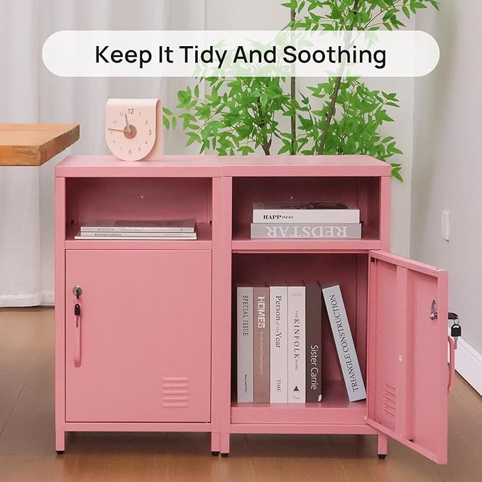 ALBAD Compact Metal Nightstand with Lockable Cabinet and Open Shelf, Modern Bedside Table, Versatile Side Table for Bedroom, Living Room, or Office (Pink, 26" H-Lockable Door)