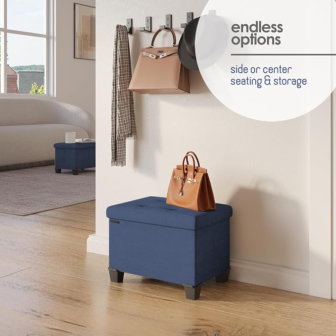 Storage Ottoman Cube with Small Bin, 16-in Square Ottoman with Storage for Living Room and Bedroom, Small Ottomans Foot Rest, Fabric Foot Stools Ottomans Max 330lbs, Blue
