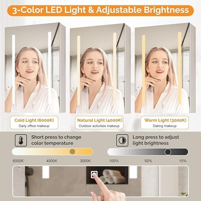 VINGLI 16Inch Medicine Cabinet with Lights, Lighted Medicine Cabinet with Mirror, Led Wall Mirror with Storage for Bathroom,Wall Mounted,3-Color Memory Mode Light，White,5.9" D x 15.75" W x 23.6" H
