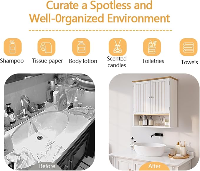 Viaozutis Over The Toilet Bathroom Wall Cabinet with 2 Doors and Open Shelf, Wooden Space Saving Storage Cabinet, Medicine Cabinet for Bathroom Organization, White