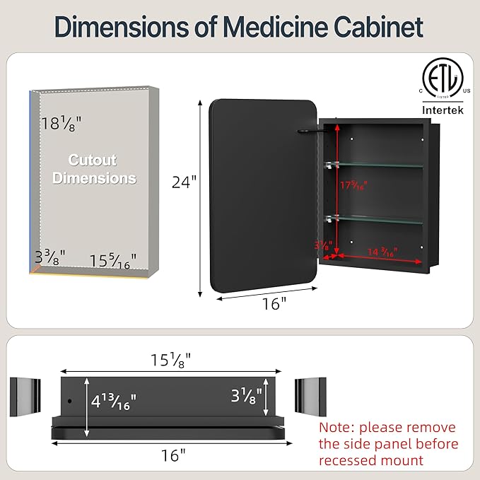 16x24 Inch Medicine Cabinet with Mirror, Recessed or Surface Mount Bathroom Medicine Cabinet with LED Lights, Anti-Fog, Memory Function, Adjustable Shelf, Dimmable Light, ETL Listed, Black,Left Hinge