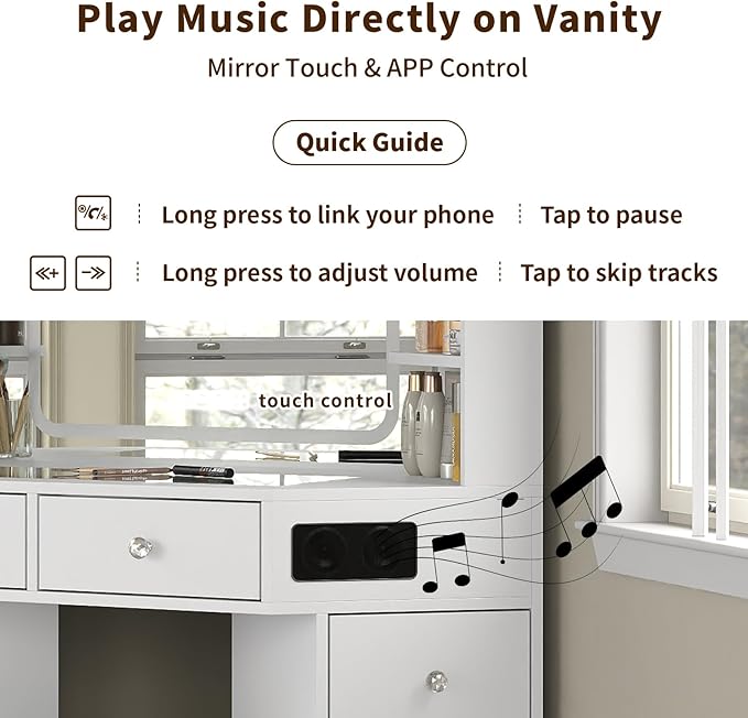 Yanosaku Corner Vanity Desk with Buil-in Speaker, 8 Drawers & 6 Shelves, Makeup Vanity with Glass Top, Modern Vanity with Mirror and Lights, 3 Color Lighting Modes, Dressing Table for Bedroom, White