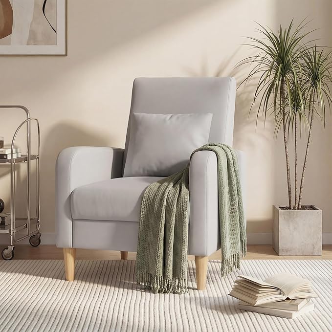 COLAMY Mid-Century Modern Upholstered Accent Chair with Back Pillow & Solid Wood Legs, Leather Cozy Armchair for Living Room, Bedroom, Reading Nook, Apartment & Small Spaces, Lightgrey