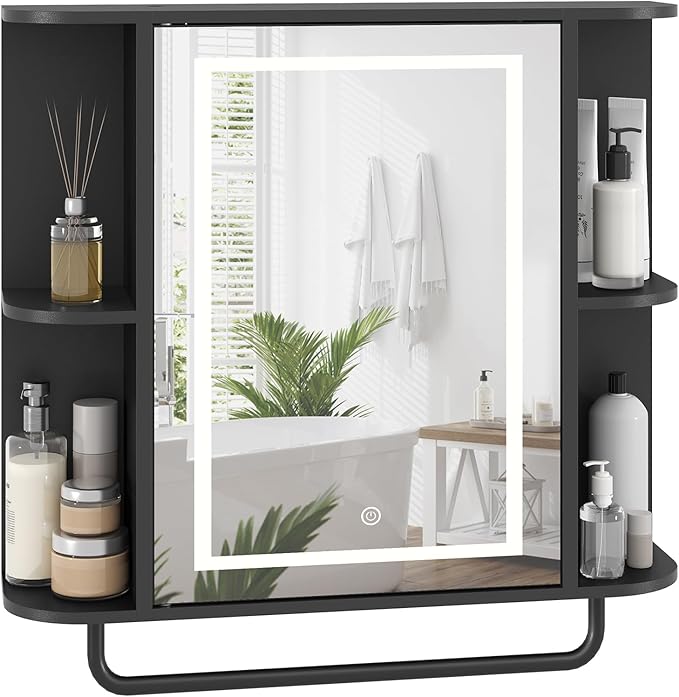 MAHANCRIS Bathroom Wall Cabinet with Mirror, Mirrored Medicine Cabinet with 3 Colors LED Light and 4 Open Shelves, Wall Mounted Storage Cabinets with Adjustable Shelf, 24.7"L x 6.7"W x 26.7"H, Black
