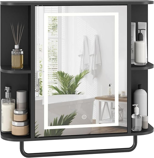 MAHANCRIS Bathroom Wall Cabinet with Mirror, Mirrored Medicine Cabinet with 3 Colors LED Light and 4 Open Shelves, Wall Mounted Storage Cabinets with Adjustable Shelf, 24.7"L x 6.7"W x 26.7"H, Black