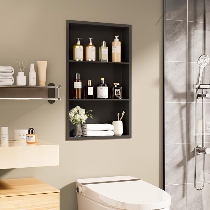 14x24 Recessed Medicine Cabinet, Bathroom Wall Cabinet, 304 Stainless Steel Recessed Wall Niche with 3-Tiers Shelves, Matte Black