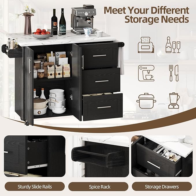 4 EVER WINNER 43" Modern Kitchen Island on Wheels with Drop Leaf & Storage, Faux Marble Tabletop, 3 Drawers with Spice Rack & Towel Rack, Rolling Kitchen Cart for Small Space, Black