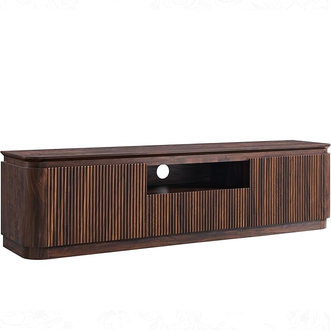 70" Fluted TV Stand for TVs Up to 80", Mid Century Modern Entertainment Center with Drawer, Storage Cabinet, Open Shelf, Wood Low Profile Media TV Console for Livingroom, Dark Walnut