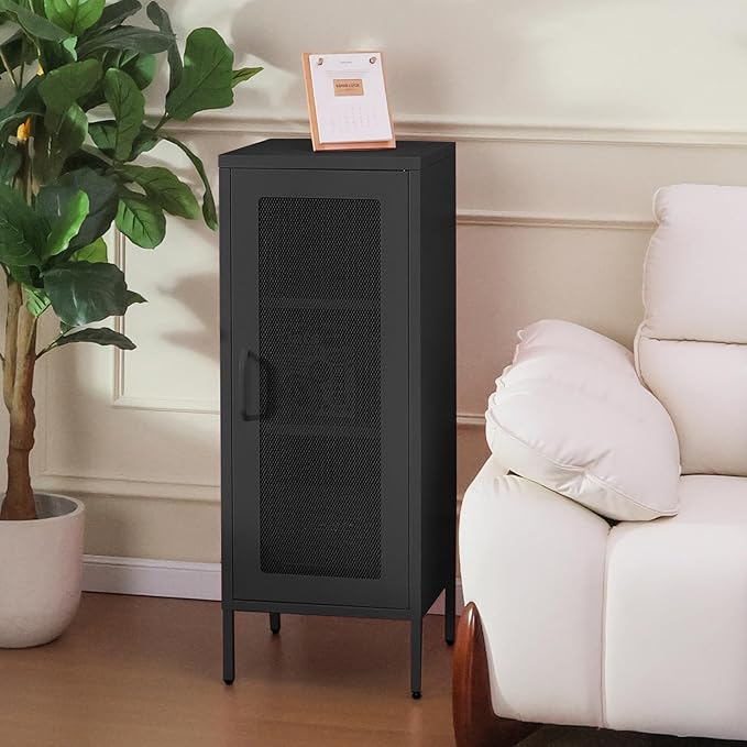 Slim Metal Storage Cabinet with Mesh Doors - 42'' Tall Narrow Organizer Tower, Compact Freestanding Cabinet, Versatile Utility Storage for Home, Office, Kitchen, Living Room, Durable and Modern Design