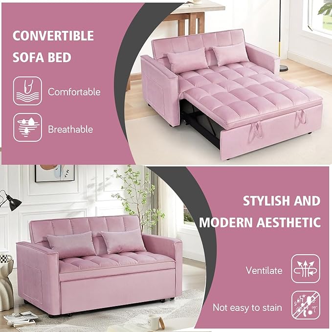 3 in 1 Convertible Sleeper Sofa Bed, 54'' Full Size Velvet Pull Out Futon Couch Recliner with Reclining Backrest & 2 Pillows, Small Loveseat Lounge Couches for Small Spaces (Pink)