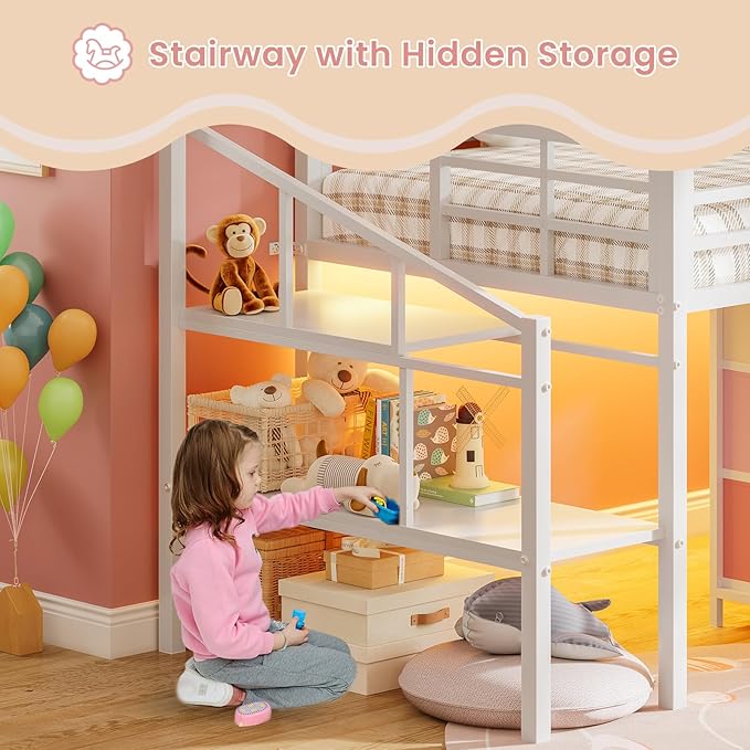 VIAGDO Low Loft Bed Twin Size with 9 Storage Drawers and LED Lights, Metal Twin Loft Bed with Stairway Shelf Storage, Low Loft Bed with Safety Guardrail and Under-Bed Hideaway for Kids, White