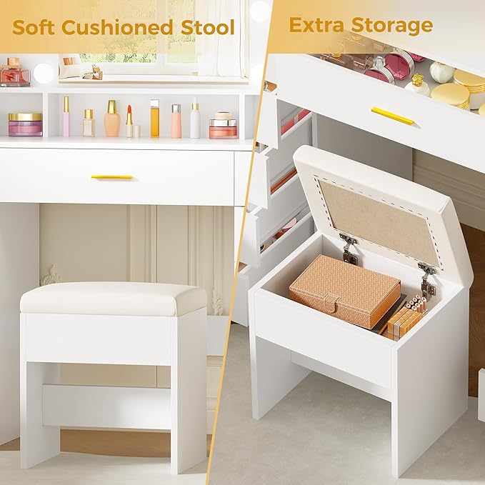 BEWISHOME Vanity Desk with Mirror and Lights,Makeup Vanity Table with Power Outlet,3 Color Modes,White Vanity Set with 11 Drawers,6 Open Shelves and Storage Stool,Dressing Table for Bedroom FST50W