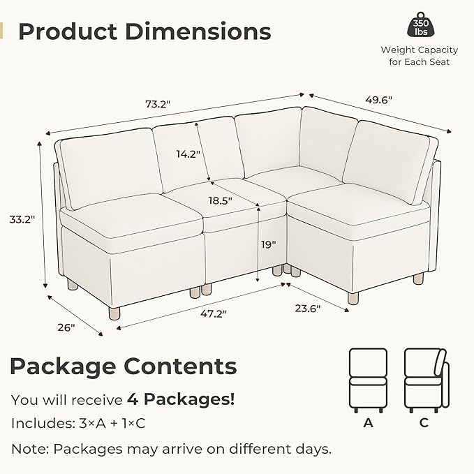 SITJOY Breakfast Nook Bench with Storage, Modular Corner Kitchen Banquette Seating, Dining Settee Couch, Upholstered Dining Bench with Back, Soft-to-Touch Fabric in Beige, 4-Seat L Shaped Nook