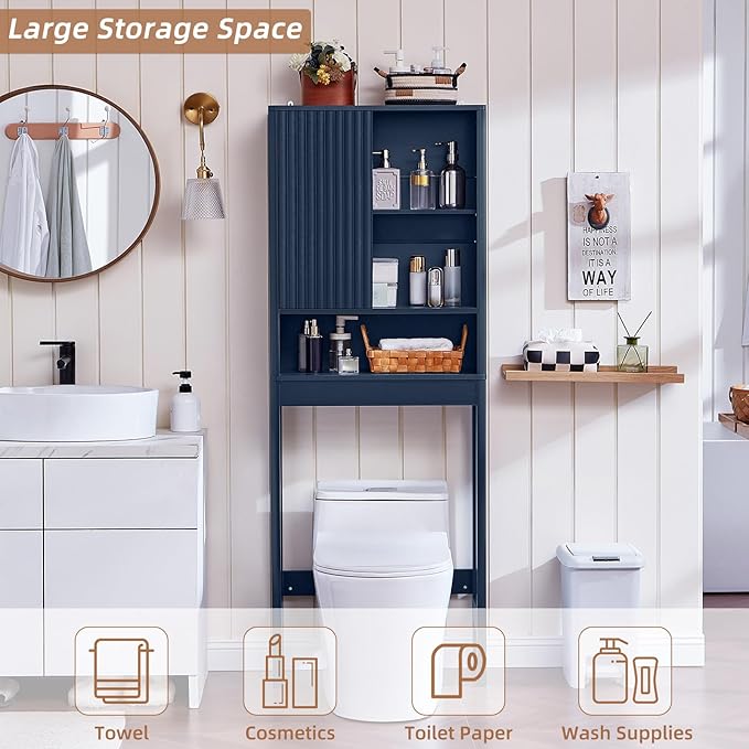 LEYAOYAO Fluted Over The Toilet Storage Cabinet, Farmhouse Over Toilet Bathroom Organizer with a Sliding Door, 68" Tall Blue Freestanding Washer Shelf with Adjustable Shelf & Curved Profile