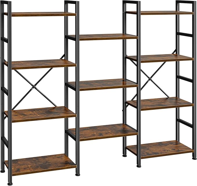 SUPERJARE Triple Bookshelf, Bookcase with 11 Open Display Shelves, Wide Book Shelf Book Case for Home & Office, 4 Tier, Brown,ABC009Z