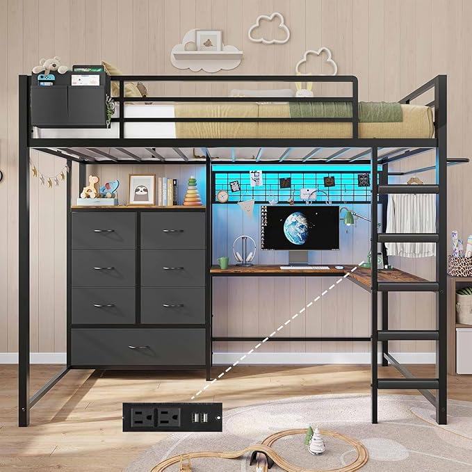 DICTAC Twin Loft Bed with L-Shaped Desk and 7 Storage Drawers,Metal Twin Size Loft Bed for Kids with LED Lights and Charging Station,13.11" H Safety Guardrail and Ladder,No Box Spring Needed, Black