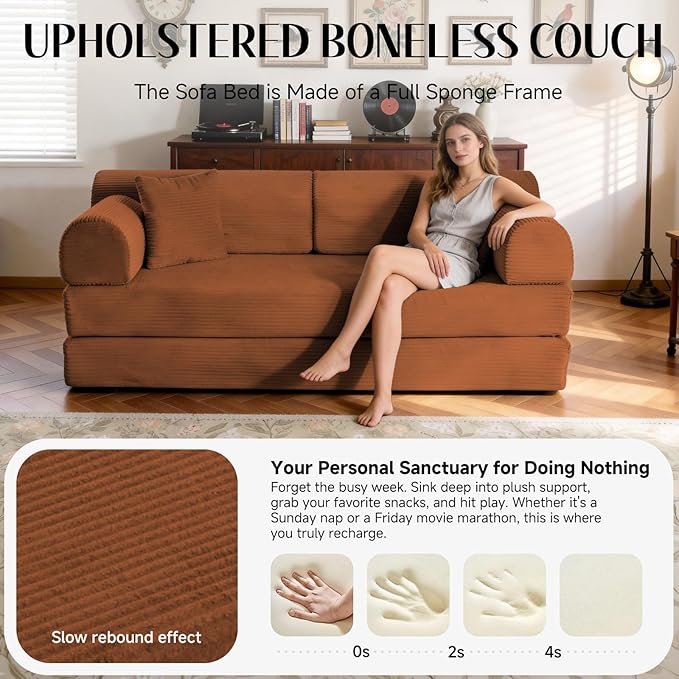 78.8" Convertible Sofa Bed with Detachable Arm Pillow, 6-in-1 Sectional Couches for Living Room, Corduroy Boneless Couch, Sleeper Loveseat Couch Bed, No Assembly, Orange Couch
