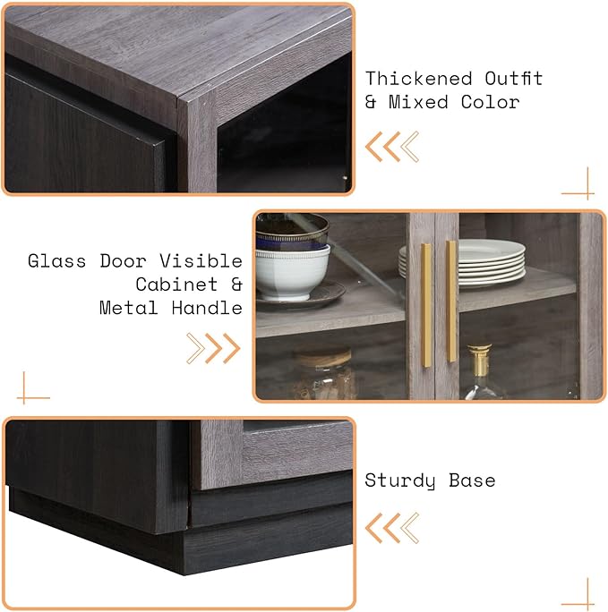 AMERLIFE Sideboard Buffet Cabinet with LED Lights, Mixed Color Accent Cabinet with Glass Doors and Adjustable Shelf, Hallway Storage Cabinets Console Table for Living Room, Dining Room, Black and Gray