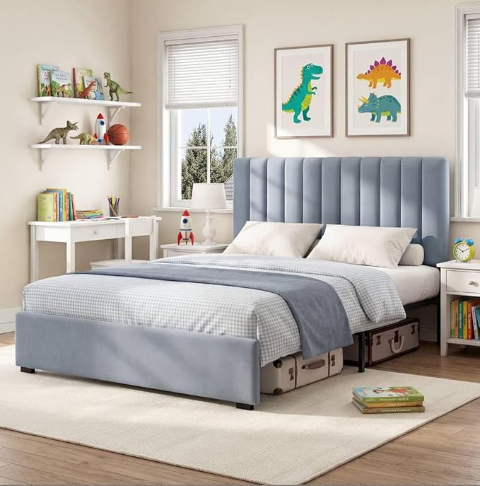 Welzona Full Size Bed Frame with Headboard, Velvet Fully Upholstered Metal Platform Bed with Vertical Channel Tufted Headboard, 3-Level Height, Under-Bed Storage, Metal Support, Easy Assembly, Blue