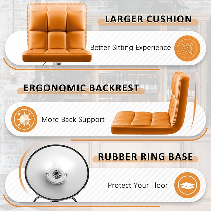Homall Bar Stools Modern PU Leather Adjustable Swivel Barstools, Armless Hydraulic Kitchen Counter Bar Stool Extra Height Square Island Barstool with Back Set of 2 (Leather, Orange)
