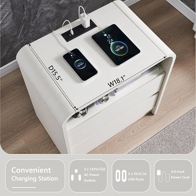 Aitjunz 25" Tall Modern Nightstand with Charging Station, 23.6'' Wide Wood Bedside Table w/2 Storage Drawers, Large Mid Century End Table for Bedroom, Living Room, Curved Profile Design, White