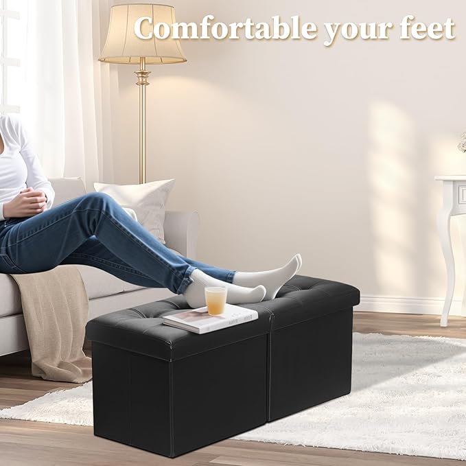 Bsketa Storage Ottoman Bench with Folding Lid Ⅲ, Foot Stools Opens on Both Ends, Footrest Foldable Leather Chest for Living Room, Bedroom, Entryway, End of Bed Storage Blanket Ottomans Black