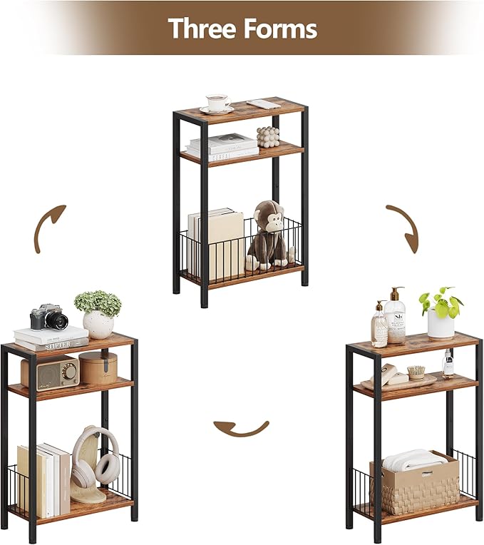 TRIFEBLE Narrow Side Table with Storage Basket, Small End Table for Small Spaces, Slim Sofa Table for Living Room, 3 Tier Bedside Table for Bedroom, Rustic Brown