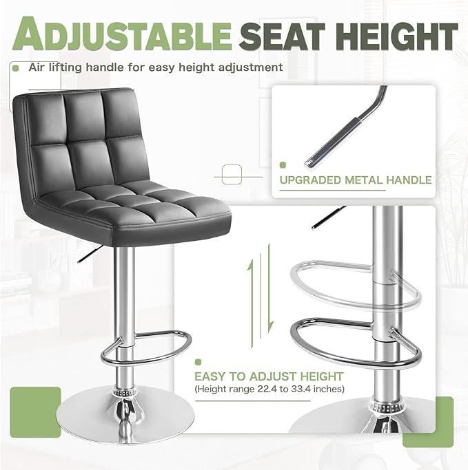 Furmax Bar Stools Modern Pu Leather Swivel Adjustable Hydraulic Bar Stool Square Counter Height Stool Set of 2 (Gray)