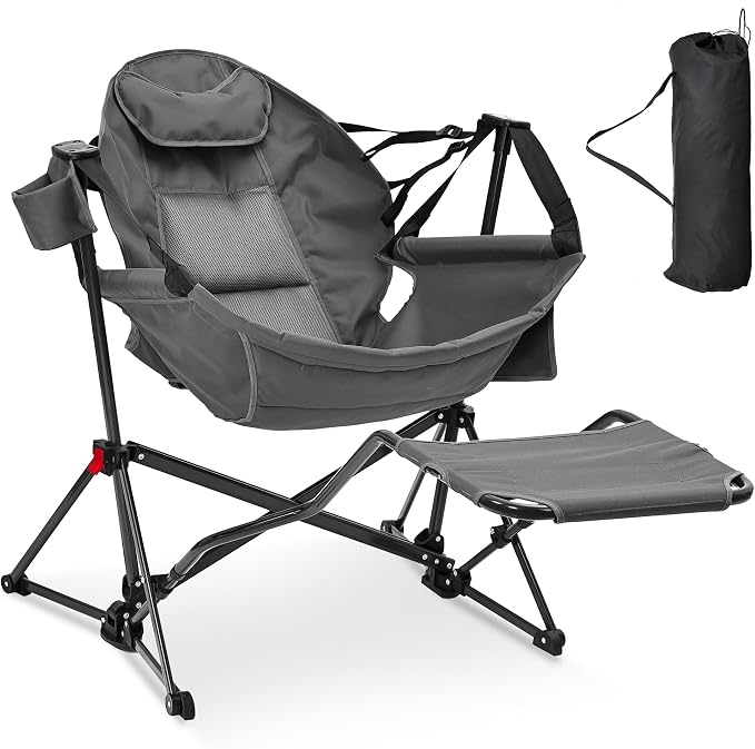 Ainfox Hammock Camping Chair with Footrest, Foldable Portable Rocking Chairs for Adults Outside Swinging Camp with Cup Holder Pillow for Outdoor Patio Poolside (Grey)