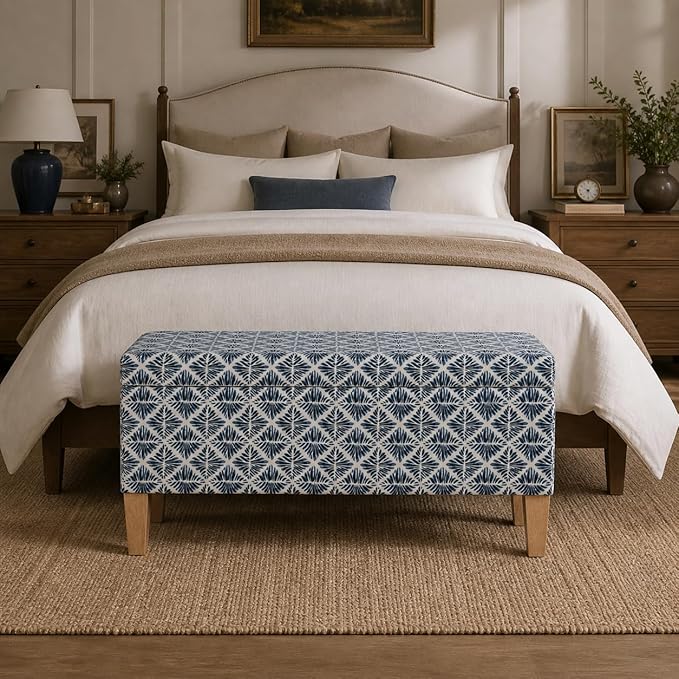 HomePop Large Decorative Storage Bench with Flip-Top - Blue Geometric Pattern - Cotton Fabric - Natural Wood Legs