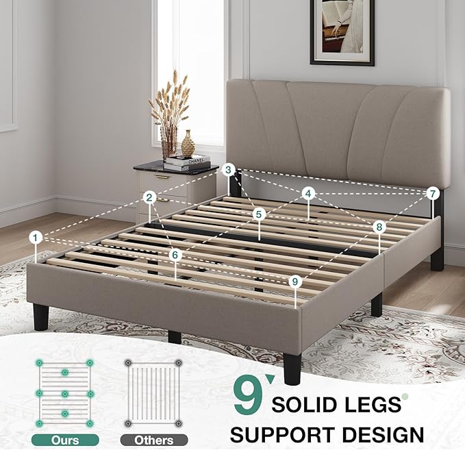 Novilla Queen Bed Frame with Headboard, Bed Frame Queen Size with Wood Slats Support,Linen Upholstered Adjustable Headboard, No Box Spring Needed, Heavy Duty Feet, Easy Assembly, Beige