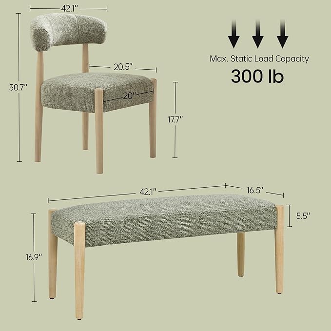 VKNOW Upholstered Dining Room Set for 4, Mid-Century Modern Dining Chairs Set of 2 and Dining Bench with Rubberwood Legs, for Dining Room, Living Room, Kitchen, Green
