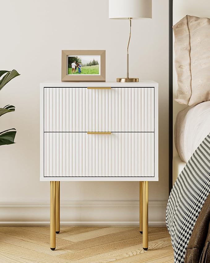 Aienvey Night Stand, Modern Nightstand with Drawers, Bedside Table, Gold Small Side Table for Bedroom, Living Room End Table (White Stripe, 2 Drawers)