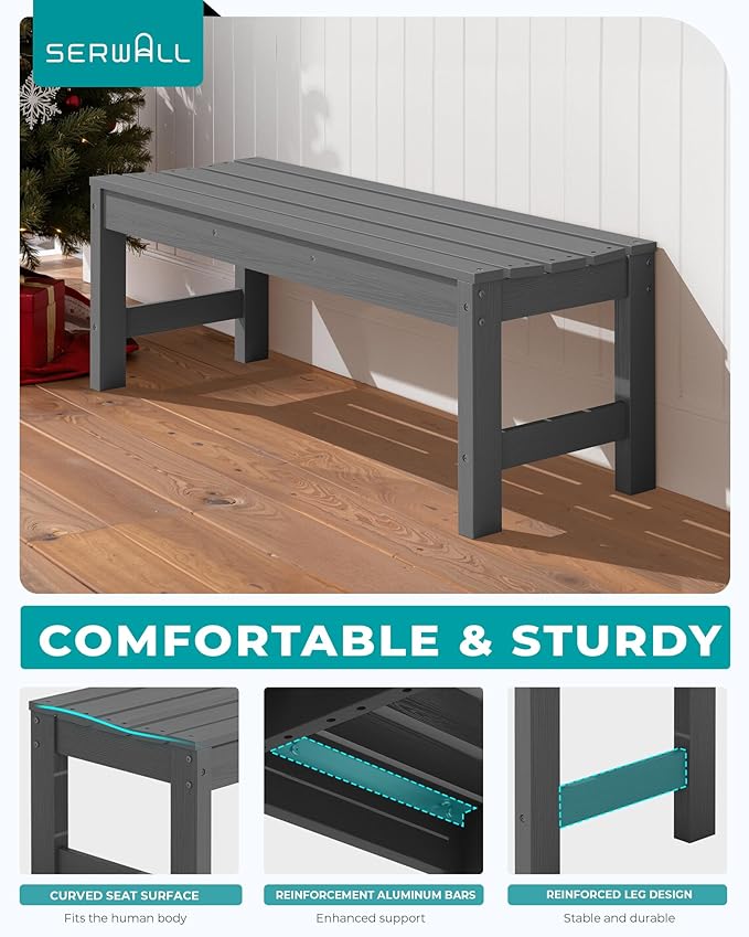 SERWALL 47 Inches Outdoor Bench, All Weather HDPE Backless Bench with Wood Grain Texture for Garden Porch and Park, Curved Bench Seat for Comfort, Grey