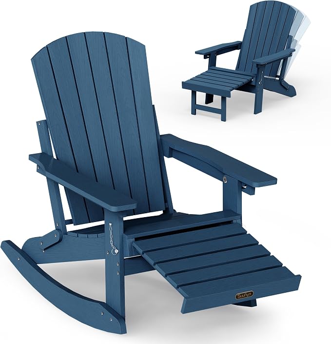 Adjustable Adirondack Rocking Chair with Retractable Ottoman Footrest, 4-in-1 Foldable HDPE Outdoor Rocker, Weather Resistant Adirondack Chair for Porch, Garden & Poolside, Navy Blue
