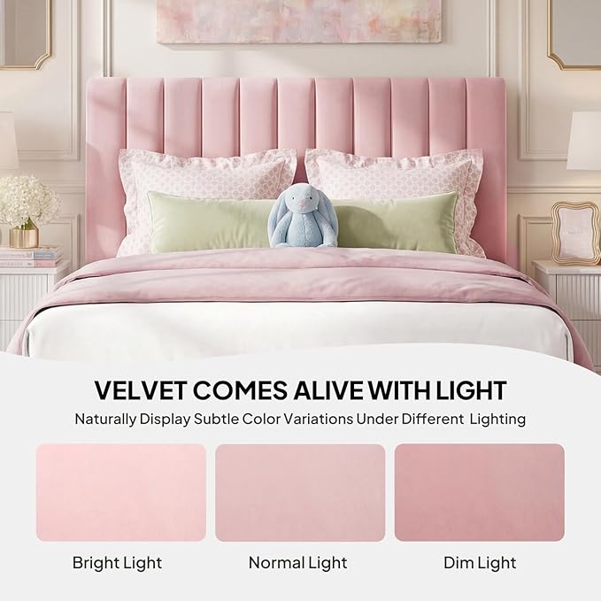 Welzona Queen Size Velvet Bed Frame with 2 Storage Drawers, Fully Upholstered Metal Platform Corner Bed Frame with Vertical Tufted Headboard, 3-Level Height, Easy Assembly, No Box Spring Needed, Pink